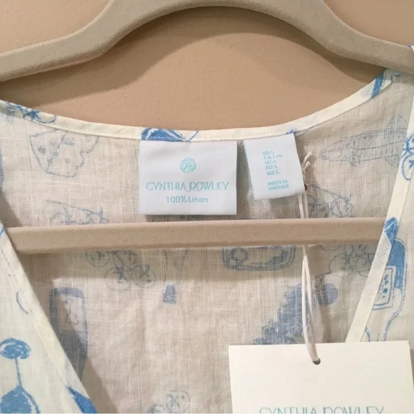 Cynthia Rowley Tie Top Blue White Linen Women L Artsy Printed Beach Coastal New - Picture 4 of 4